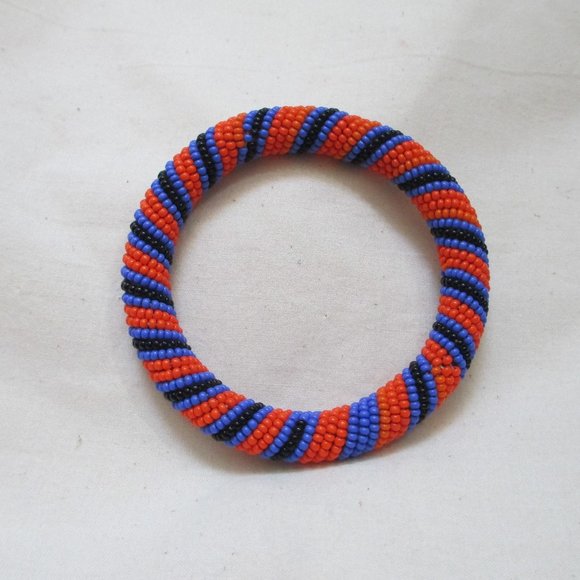 Orange Blue Black Striped Beaded Bangle - Picture 1 of 4